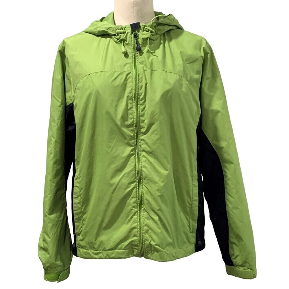 St. Johns Bay Lime Green Black Hooded Windbreaker Jacket Lightweight Size Large